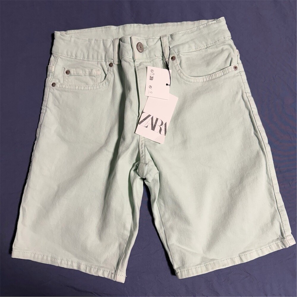 ZARA Boys Denim Shorts Mint Green Straight Fit Size 11-12 Years Utility